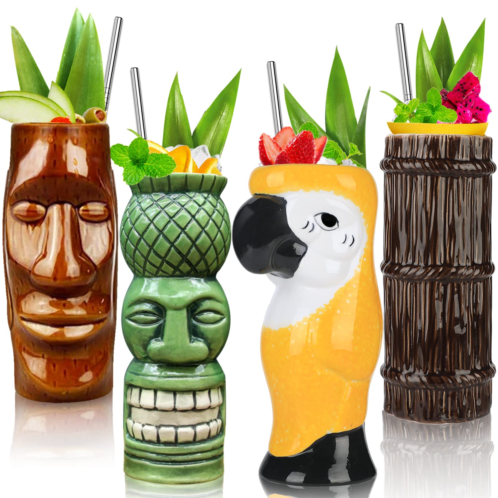 Tiki Glasses Mugs for Cocktails Large Set of 4 Ceramic Tropical Cups Hawaiian Party Creative Cocktail Tropical Exotic Cute Barware 4 Packs