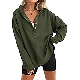 PRETTYGARDEN Womens Fashion 2026 Oversized Long Sleeve Hoodie Button Down V Neck Sweatshirt Side Slit Casual Pullover Tops