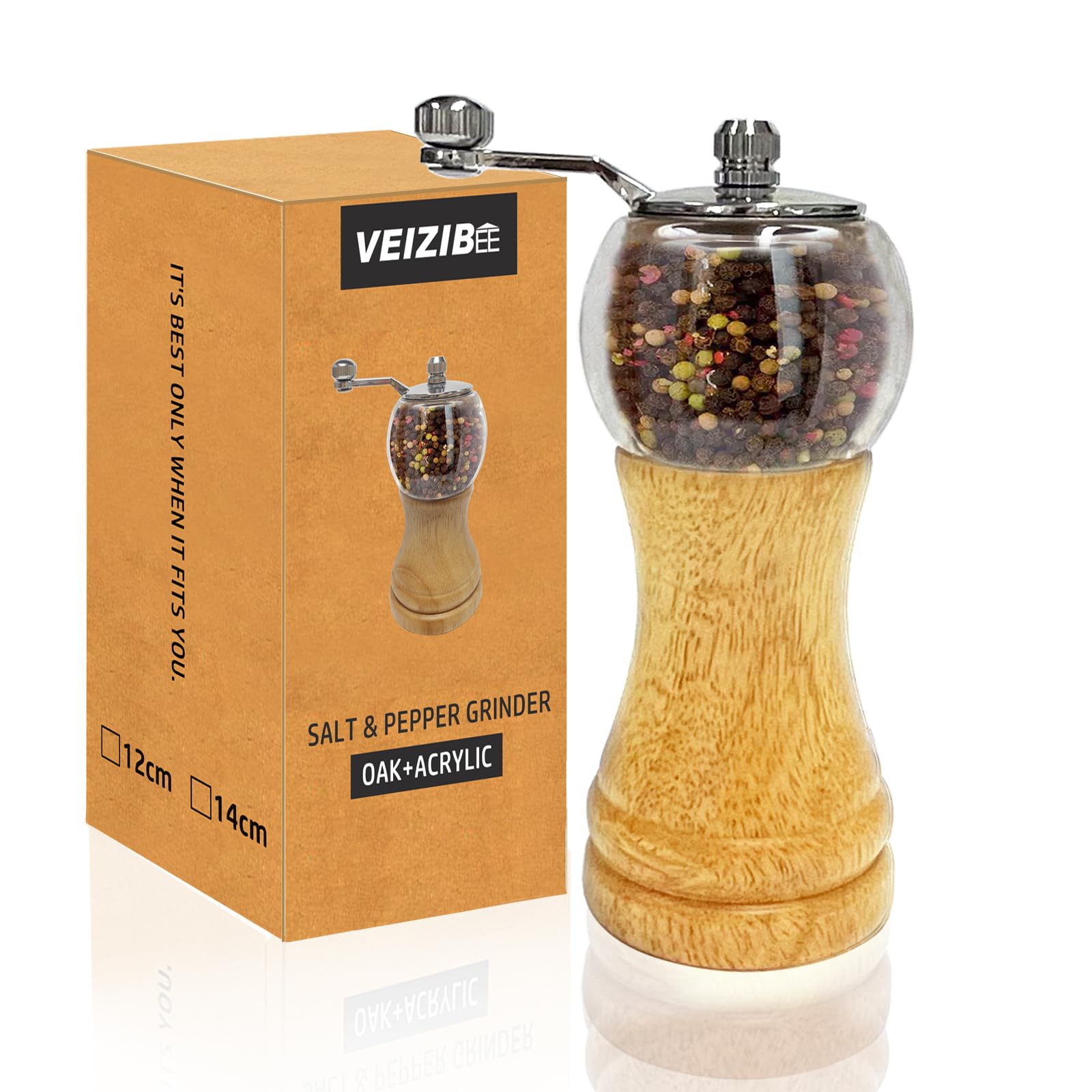 VEIZIBEE Classical Hand Shake Wood Pepper Grinder Set & Gorgeous Salt, Wooden&Acrylic,Ceramic Blades&Upgrade metal handle, Enjoy Your Best Fresh Ground Pepper Sea Salts And Various spices (6‘’-A-1PCS)