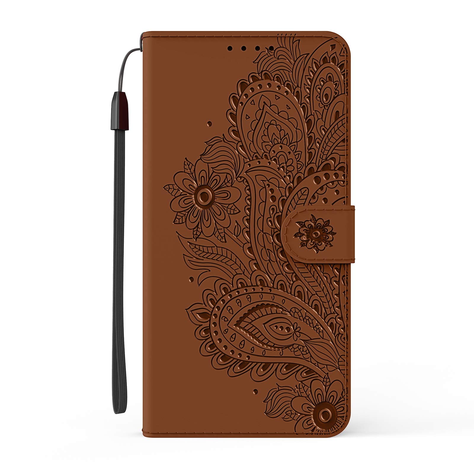 Samsung Galaxy A12 / M12 Phone Case, Peacock Flower Girly Flip Shockproof PU Leather Bumper Wallet Protection Cover Design for Samsung A12 / M12 with Magnetic Closure Card Slots Stand, Brown