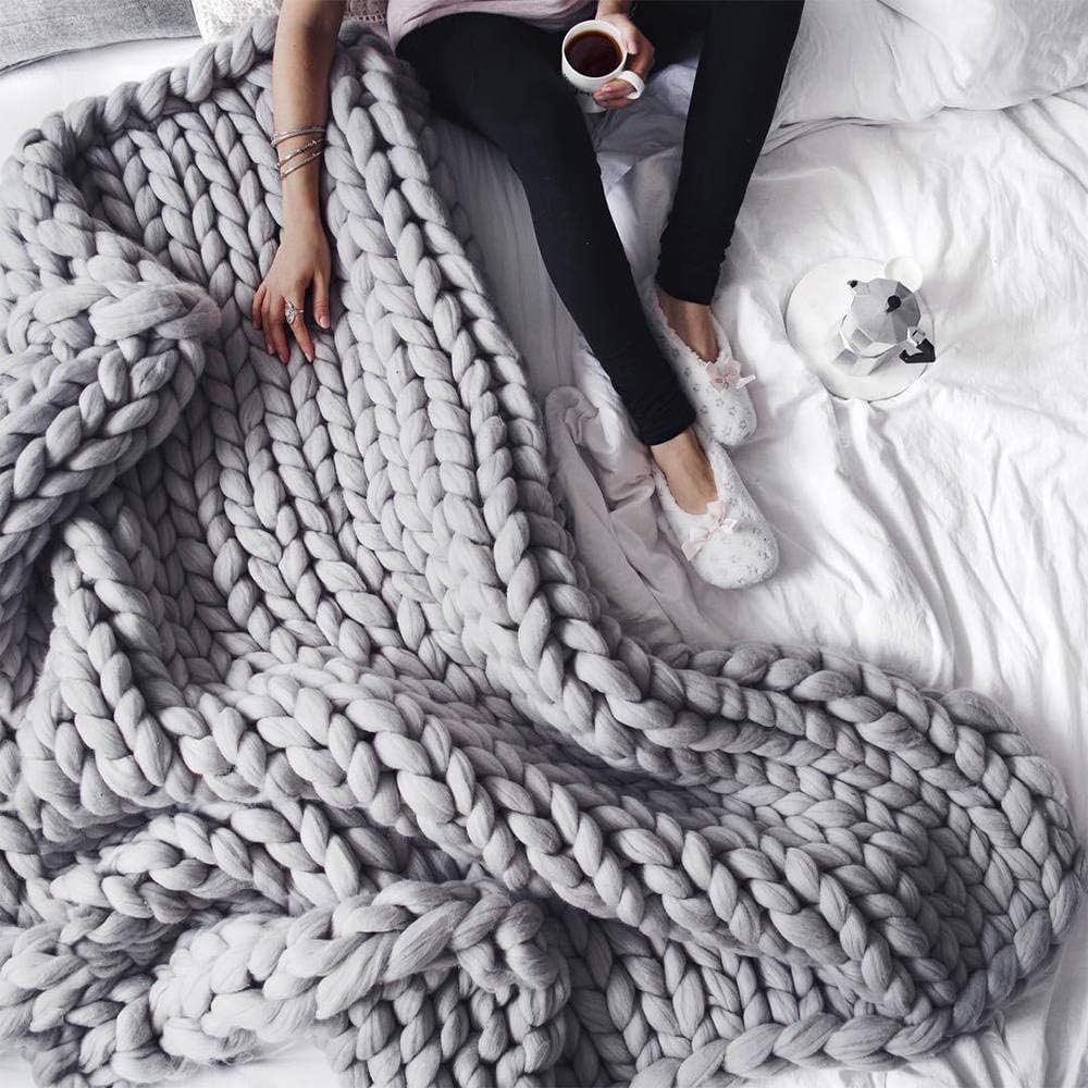 incarpo Chunky Knit Blanket Handwoven Wool Yarn Knitting Throw Bed Sofa Super Warm Home Decor Grey 47"x71"