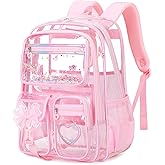 MOONBABY Clear Backpack for Girls, Clear Bookbag Heavy Duty Transparent Backpack for Stadium Events, See Through Back Pack for Kindergarten Elementary Middle High School, Pink