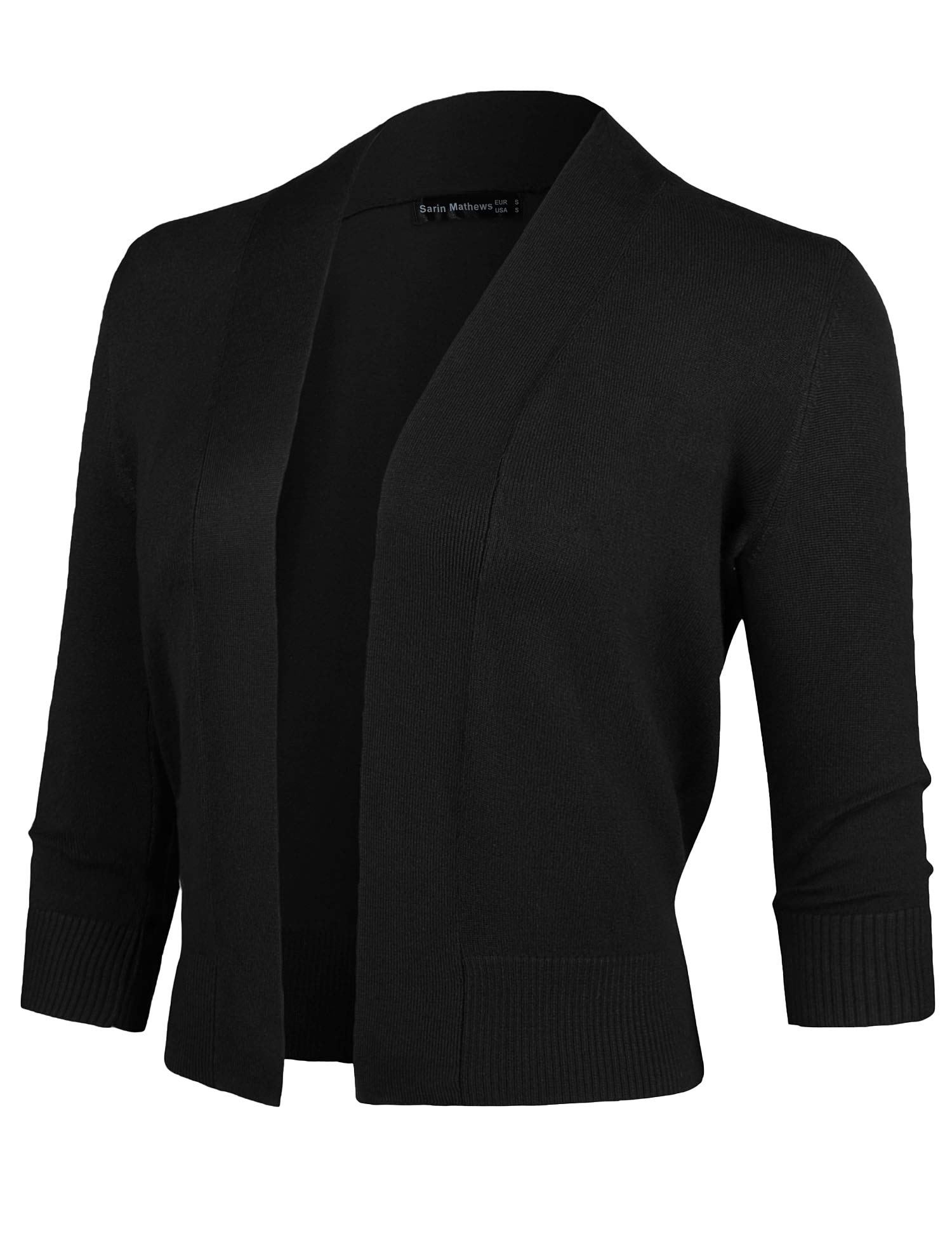 Sarin Mathews Womens 3/4 Sleeve Open Front Cropped Short Knit Cardigan Sweaters Black M