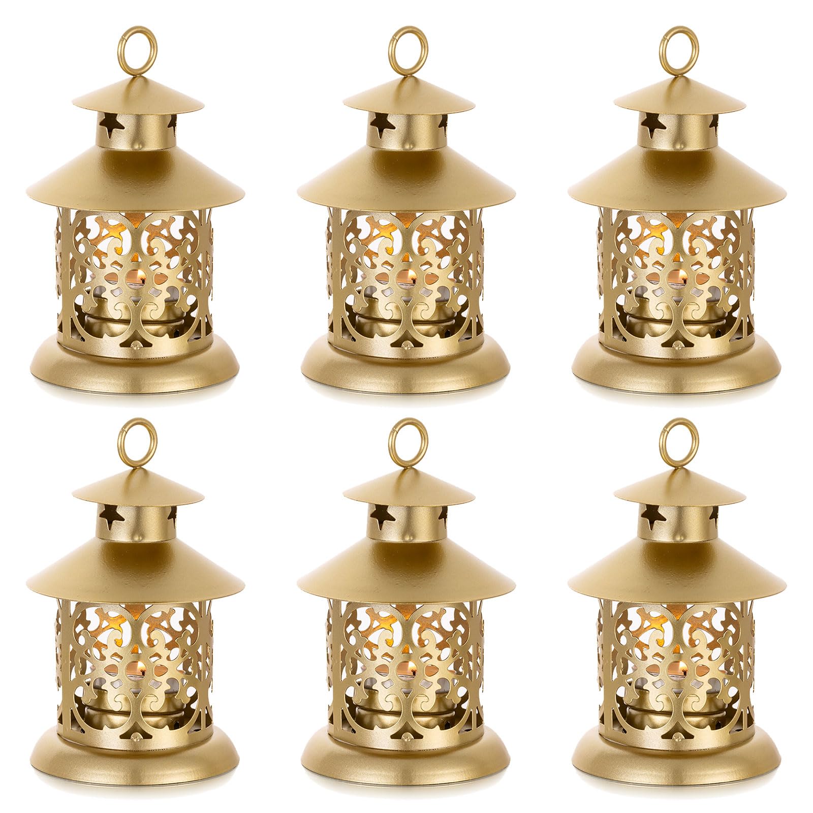 Romadedi Tealight Candle Holders Decorative Lantern - 6pcs Vintage Gold Mini Hanging Lantern for Tea Light Candle Decor Wedding Centrepiece Coffee Dining Table Shelf Outdoor Christmas