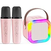 Karaoke Machine for Kids,2025New Mini Portable Karaoke Toys, Karaoke Speaker with 2 Wireless Microphone & Light for Home Party for Adults (Pink-2Mic)