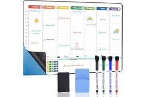 POPRUN Dry Erase Board Weekly Calendar Whiteboard for Wall & Fridge(Any Smooth Surface), 16.5"x11" Self-Adhesive Schedule Board with Hourly Time Slots,Perfect as Weekly Planner Board for School/Family