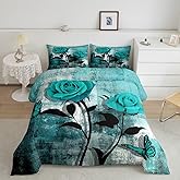 Teal Blue Comforter Set Queen,Turquoise Ombre Rose Bedding Set for Kids Boys Girls Adult,Grunge Watercolor Duvet Insert,Vintage Contemporary Artwork Quilt Comforter with 2 Pillowcases Bedroom Decor