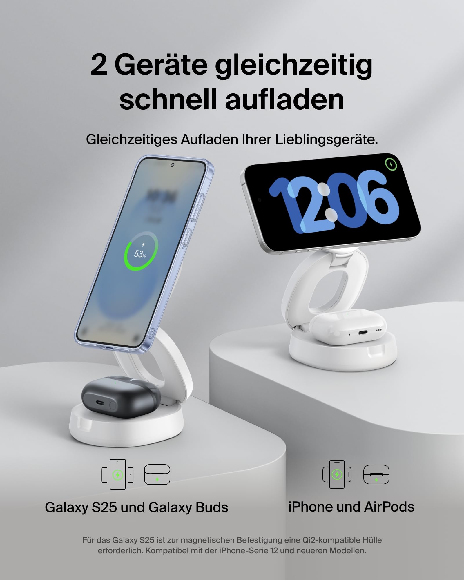Belkin BoostCharge 2-in-1 Induktive Ladestation mit Qi2, 15W, MagSafe-kompatibles Ladegerät, Kabellose, Kompakte, Verstellbare, für iPhone 17, Air, 16, Pixelsnap, AirPods, inkl. 30-W-Netzteil – Weiß 2