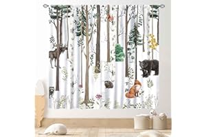 TKUYO Woodland Nursery Curtains, Rustic Forest Animals Watercolor Wild Safari Animals Bear Fox Deer Lodge Cottage Blackout Window Drape Treaments for Kids Baby Room Bedroom Living Room 2 Panel, 42"x45" Inch