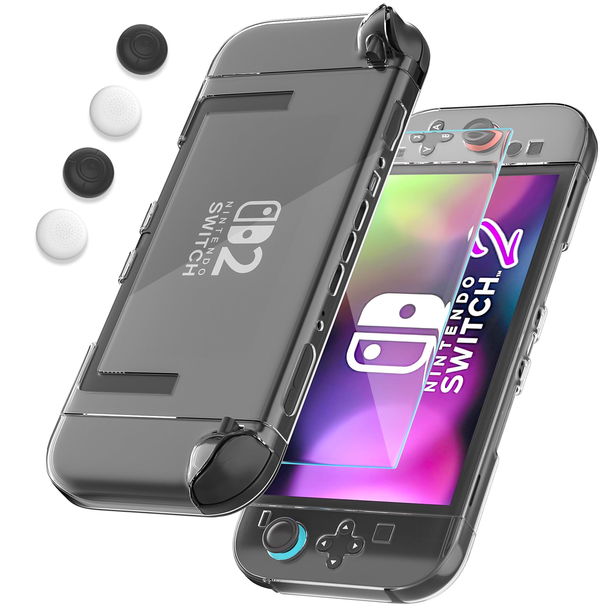 FANPL [Improved Easy Dockable Version Clear Case for Nintendo Switch 2, Protective Cover for Switch 2 and JoyCon Controller with Screen Protector 4 Thumb Grip Caps - Strong and Durable