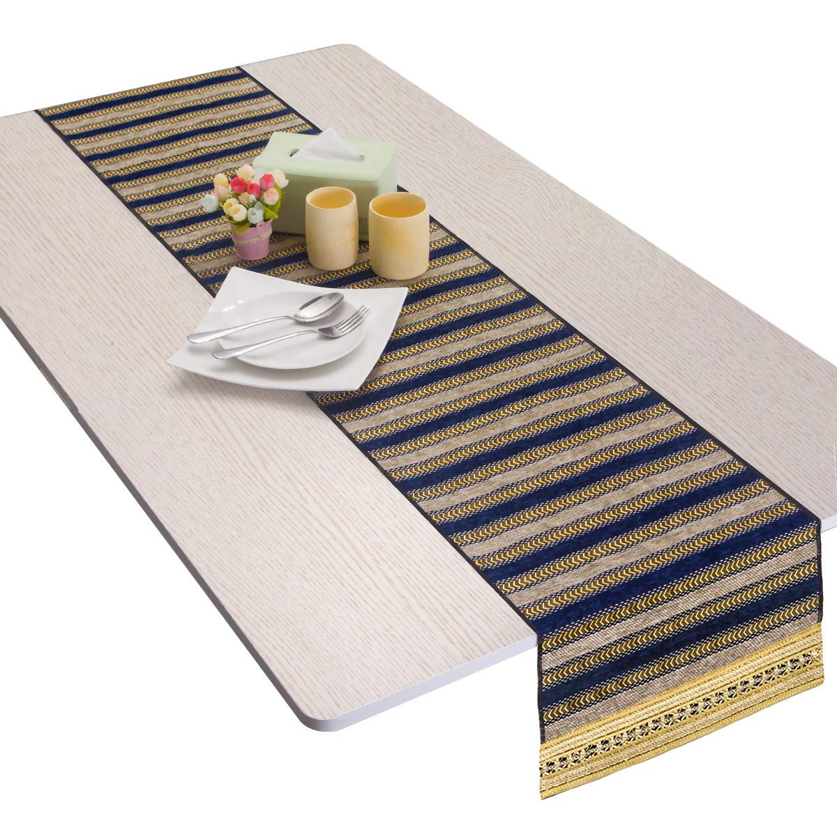 Nupuyai Vintage Stripe Table Runner for Home Coffee Table,European Knitted Wedding Party Decoration 34x157cm Khaki/Dark Blue โ image 1
