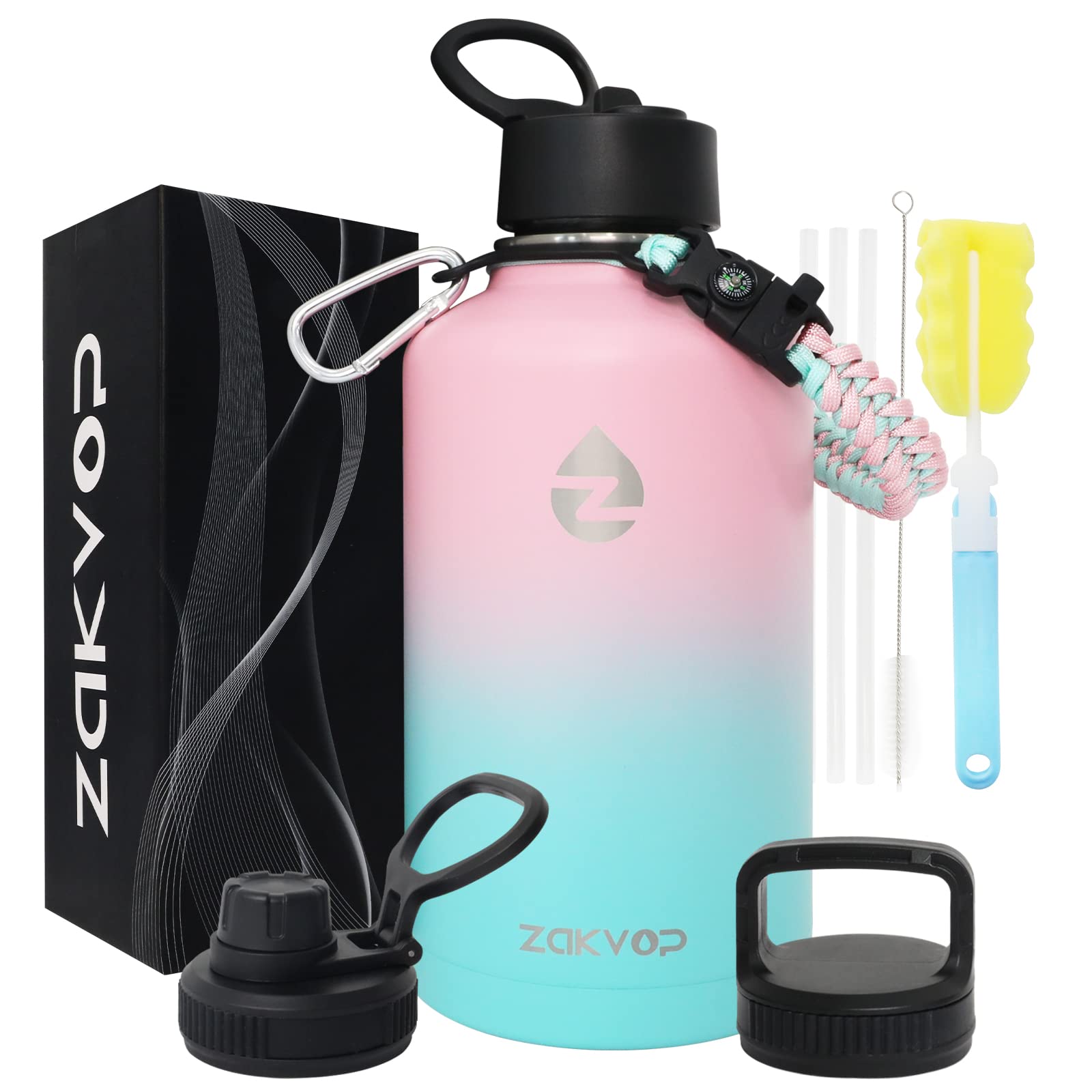 ZAKVOP 2L Insulated Water Bottle with Straws & 3 Lids, Stainless Steel with Paracord Handle, 2 Litre Bottle with Brushes for Gym, Hiking, Camping