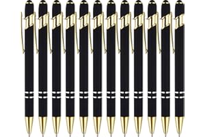 LINFANC 12 Pack Black Gold Ballpoint Pen with Stylus Tip, 1.0 mm Black Ink Smooth Writing Pens, Metal Stylus Pens for Touch S