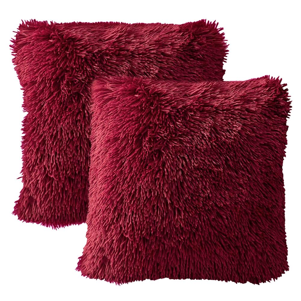 MIULEE Pack of 2 Faux Fur Cushion Covers Fluffy Soft Decorative Square Pillowcase Plush Case Faux Fur Throw Pillow Cover For Livingroom Sofa Bedroom 16x16 Inch 40x40cm 16"x16" Burgundy