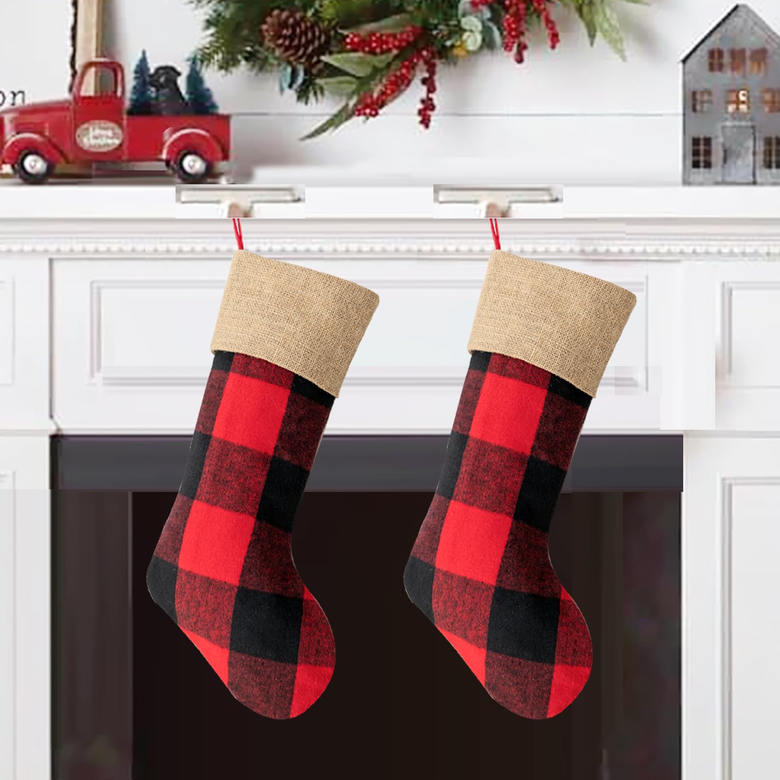 Leisuremix Christmas Stockings Set of 2 Large Red Buffalo Plaid Christmas Stockings 48cm / 19inches Xmas Stockings for Christmas Holiday Party Decoration