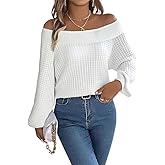 Women Sweater Off Shoulder Long Sleeve - Pullover Sweaters, Oversized Waffle Knit Tops Fall Clothes, Going Out Club Outfits