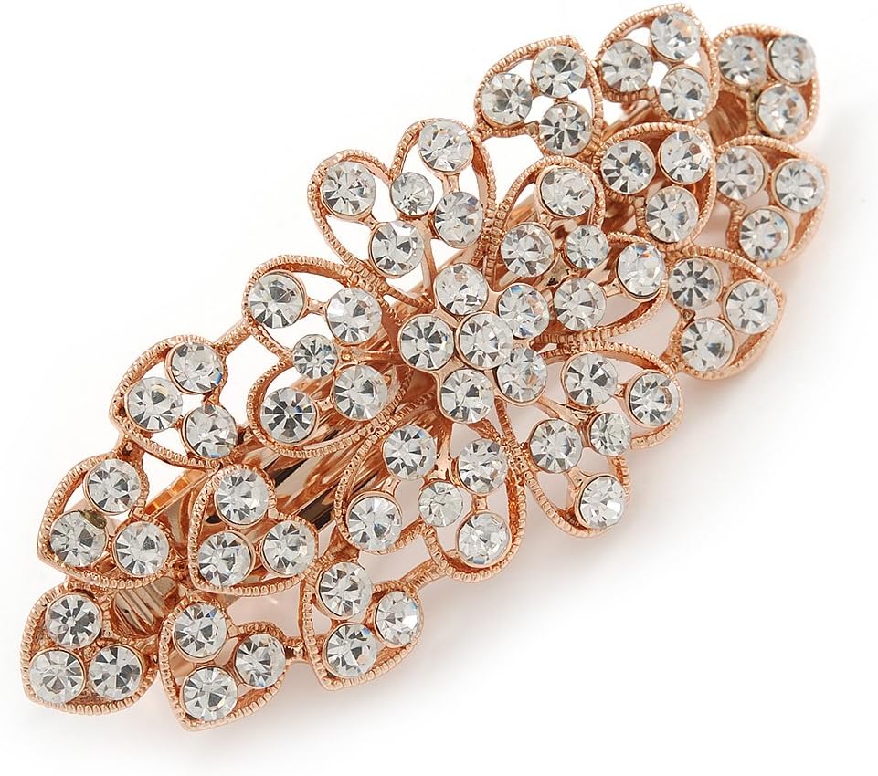 Avalaya Bridal Wedding Prom Rose Gold Tone Filigree Diamante Floral Barrette Hair Clip Grip - 80mm Across