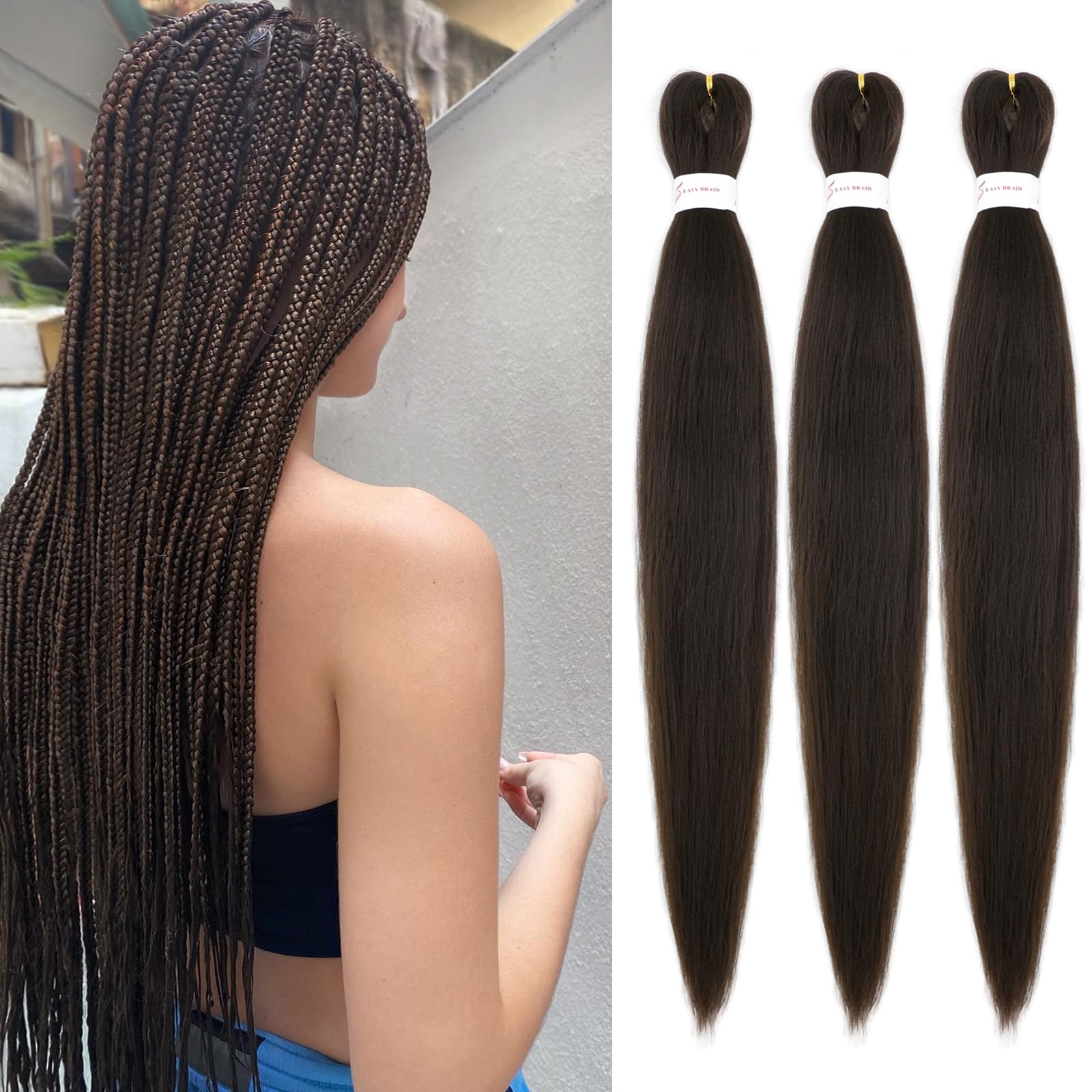 Photo 1 of IXIMII Chocolate Brown Braiding Hair Pre Stretched 26 inch 3 packs Color #4 Braiding Hair Prestretched Straight Braids Yaki Texture Synthetic Hair Extensions