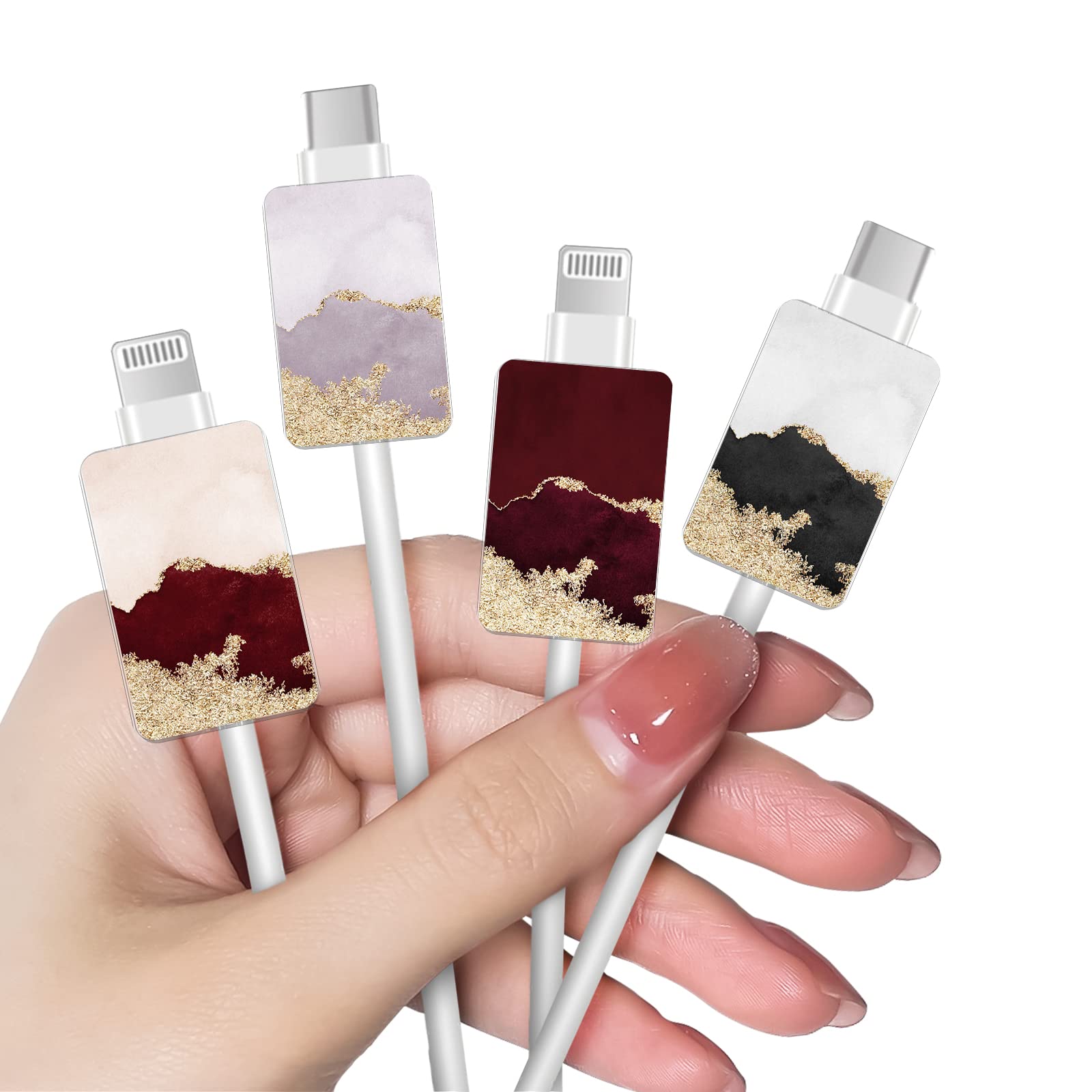 Luxury Cable Protector for iPhone Type-c Charger for Women Girls Teen with Golden Marble Pattern 4 PCS Set Phone Cable Protector,Charging Cord Saver,Cable Chomper,Cable Wire Protector