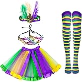 4-Piece Mardi Gras Costume for Women - Feather Headband, Mask, Tutu Skirt & Stockings, Mardi Gras Outfit & Accessories for Carnival Party