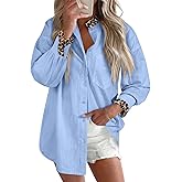 Astylish Womens 2026 Button Down Blouses Leopard Printed Trim Contrast Ruffle Cuff and Collar Puff Long Sleeve Shirts Tops