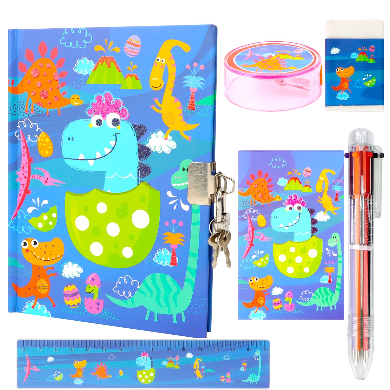 MOTIBACK 6-Piece Premium Stationery Set for Girls, Hardcover Lockable Diary with Multicolor Pen, Notebook, Ruler, Eraser, Sharpener Gift Set (Blue Dinosaur)