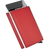 Jenoss Smart Wallet For Men & Women: Full Grain Leather, Handcrafted, Slide Metal Pop Up Case, Slim RFID Blocking Credit Card Holder Minimalist Compact 12 Cards Slot Organizers ID Clip (Red & Silver)
