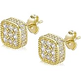 14k Gold Plated 5A+ Cubic Zirconia Iced Out Square Earrings Hip Hop Push Back CZ Stud Earrings for Men Women