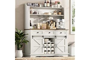 REVOMINCA 63 Inch Tall Coffee Bar Cabinet with 3-Tier, Kitchen Hutch with 3 Large Drawers, Farmhouse Coffee Bar with 9 Wine Racks & 3 Glass Holders, Wine Storage Cabinet for Living Dining Room, White