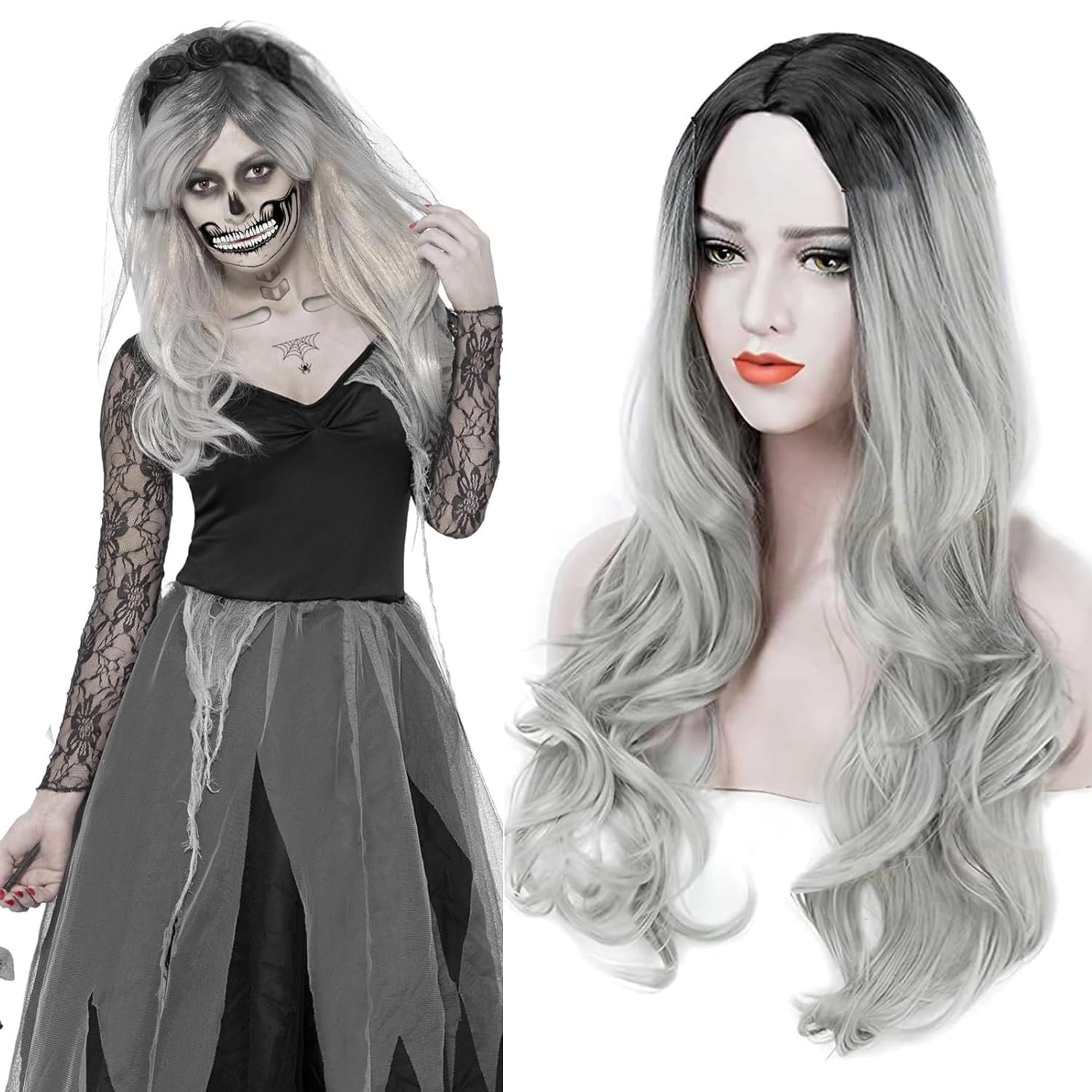 PORSMEER Long Grey Wig Natural Looking Wavy Wigs for Women, Cosplay Synthetic Hair Wig Middle Part Ladies Wigs