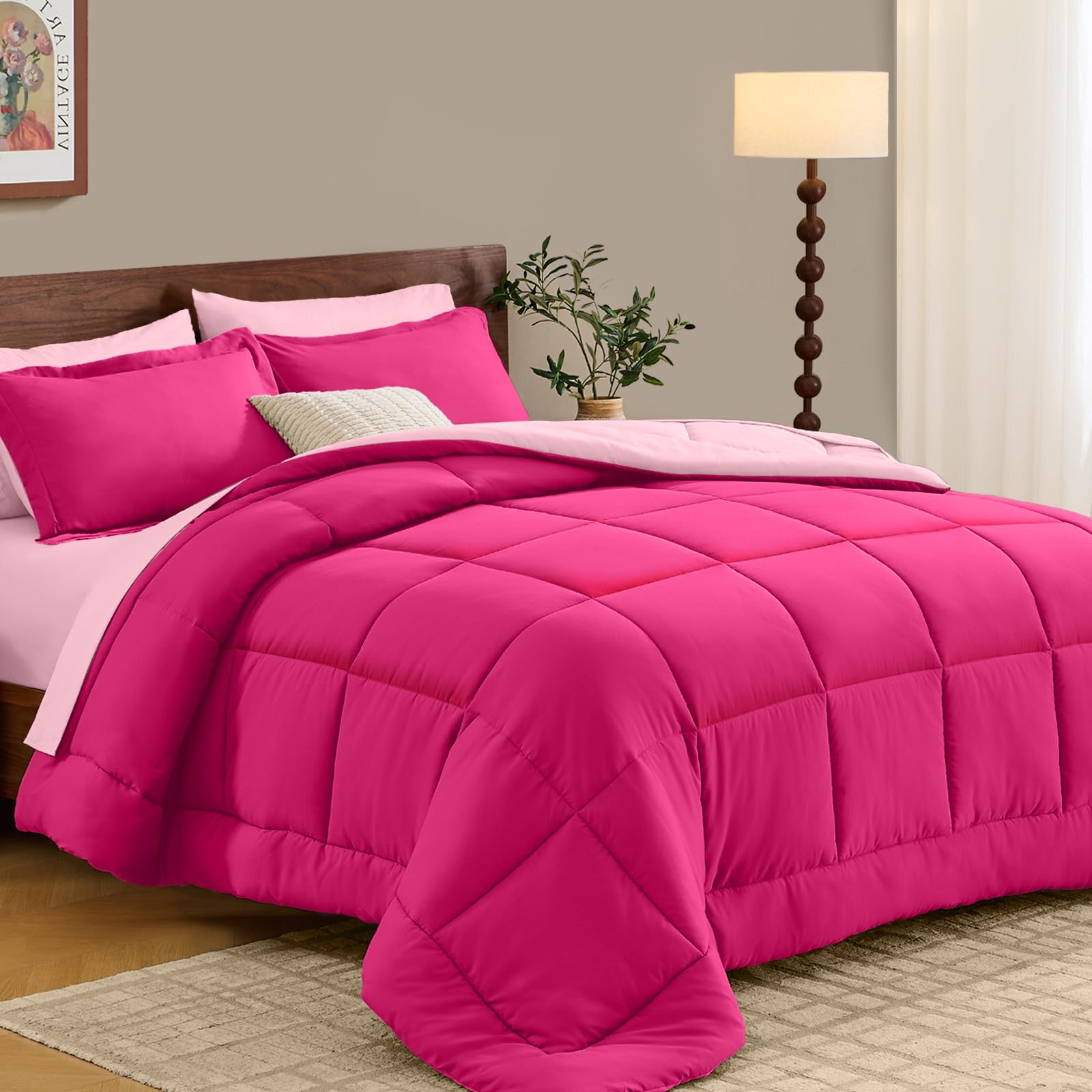 FUANNA Twin Size Comforter Sets 5 PCS, Reversible Bed in a Bag Twin with All Season Soft Comforter, Bedding Sets Includes Comforter, Flat Sheet, Fitted Sheet, Pillowcases & Shams, Hot Pink & Pink