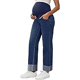 MARI GABRIEL Women Maternity Jeans Denim Straight Leg Cuffed High Stretchy Over The Belly Pregnant Pants Work Casual