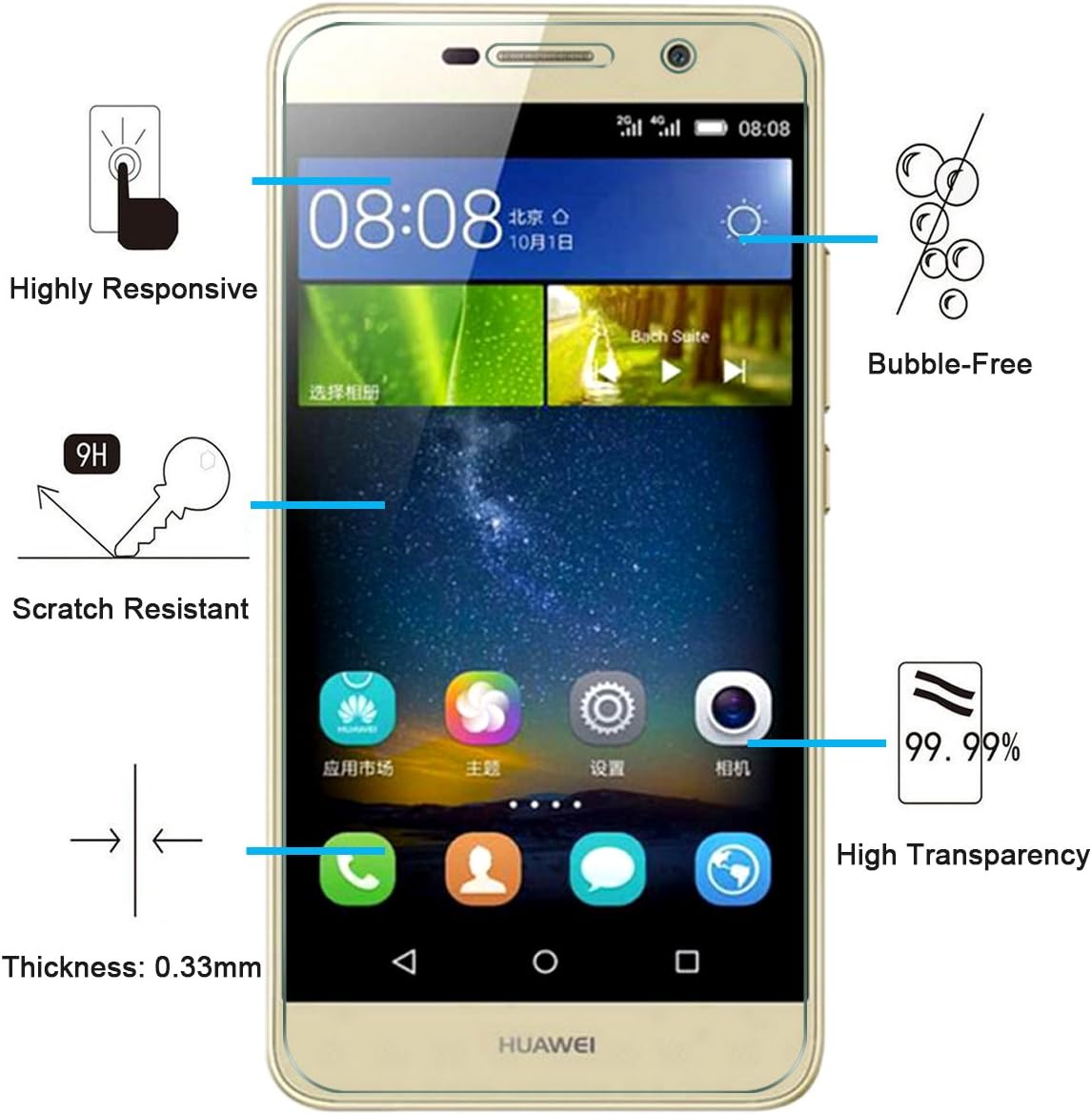 NEW'C Pack of 2, Glass Screen Protector for Huawei Enjoy 5, Anti-Scratch, Anti-Fingerprints, Bubble-Free, 9H Hardness - Image 3