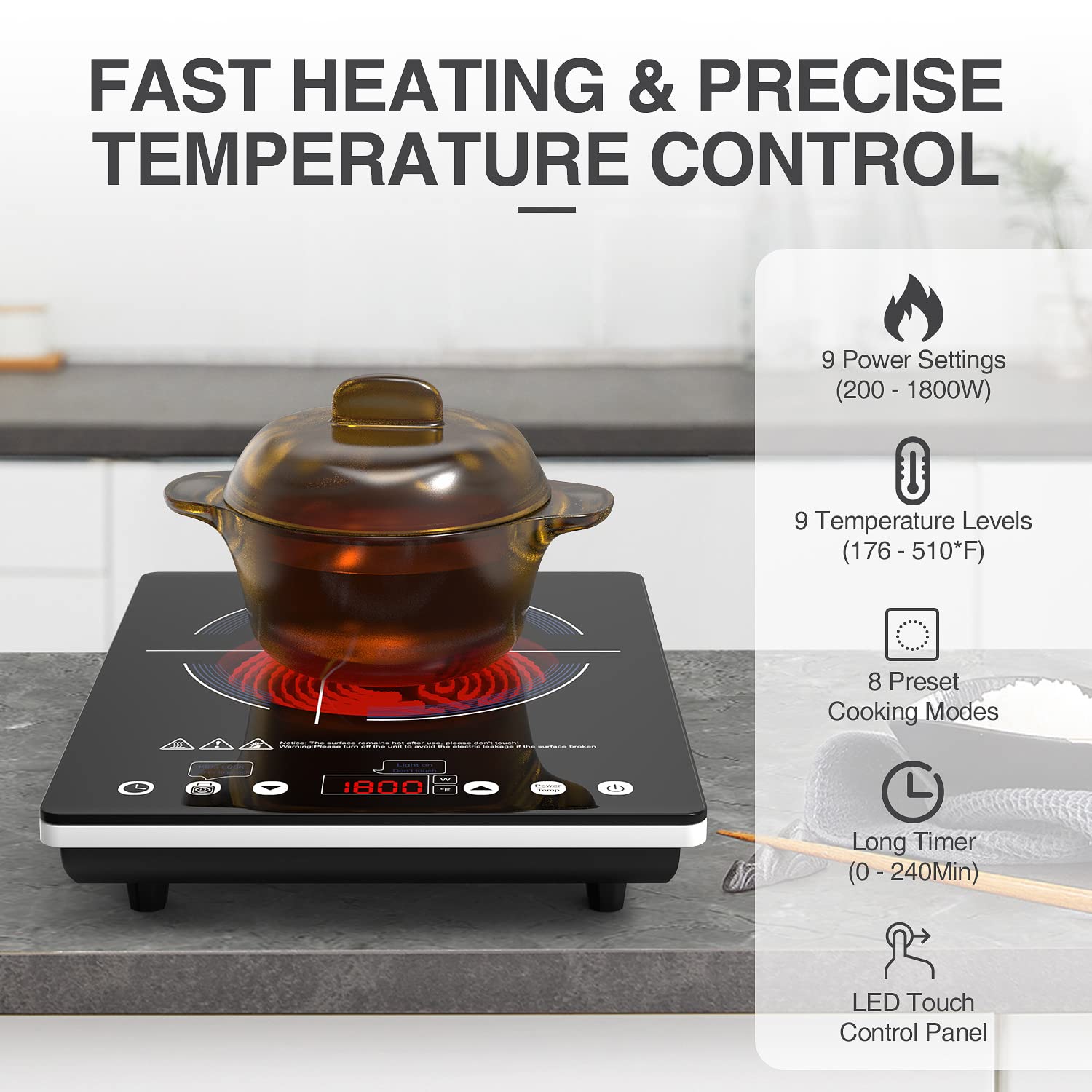 VBGK Electric Cooktop,110V Electric Stove Top,Single Burner LED Touch Control,9 Power Levels, Kids Lock &Timer,Overheat Protection,1800W Portable Induction Cooktop.