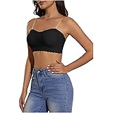 OYOANGLE Women's Scallop Trim Strapless Bandeau Bra Non Slip Padded Wireless Bralettes with Clear Straps