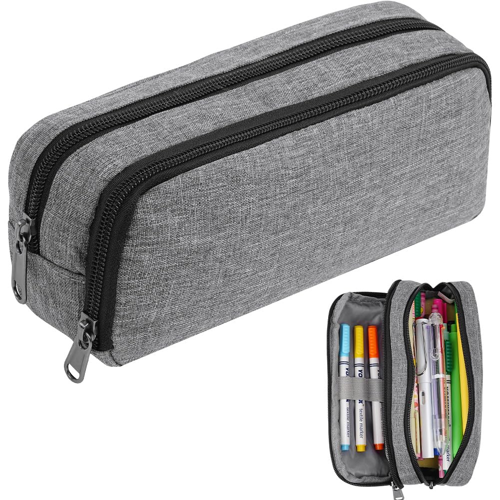 OFFCUP Pencil Case for Large Capacity, Gray Stationery Pencils Case Bag, Durable Shell Pen Maker Pencil Pouch, 2 Compartment Multifunctional Pencils Bag for School OfficeTravel Makeup Bags