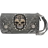 Punk Studs Gothic Skull Chain Art Rivet Buckle Studded Women Wallet Day of the Dead Zipper Wristlet Purse