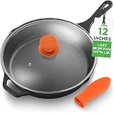 NutriChef 12-Inch Cast Iron Skillet w/Lid - Pre-Seasoned, Oven Safe, Nonstick, Cool-Touch Silicone Handle, For All Cooktops - NCCI12