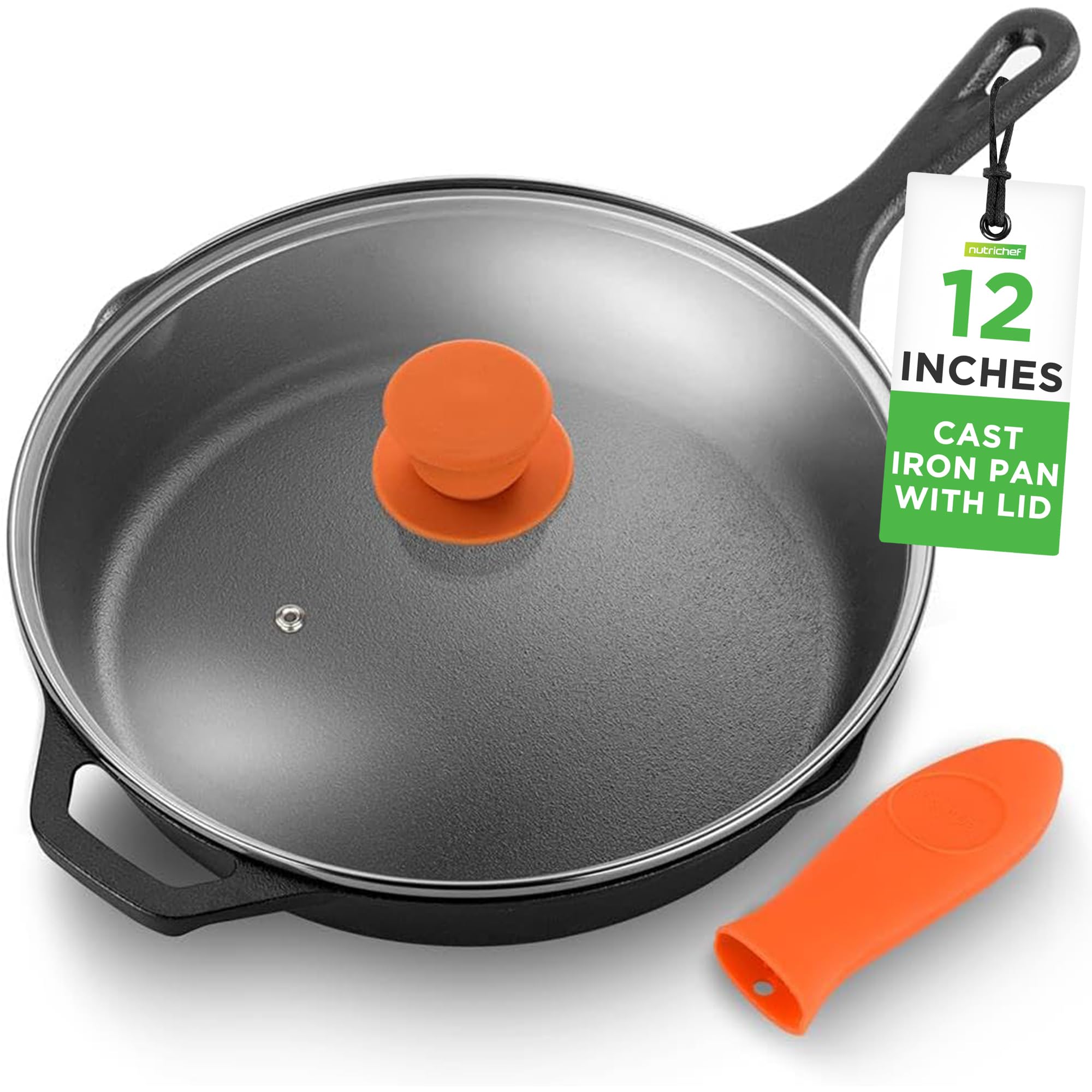 NutriChef 12-Inch Cast Iron Skillet w/Lid - Pre-Seasoned, Oven Safe, Nonstick, Cool-Touch Silicone Handle, For All Cooktops - NCCI12 Image NutriChef 12-Inch Cast Iron Skillet w/Lid - Pre-Seasoned, Oven Safe, Nonstick, Cool-Touch Silicone Handle, For All Cooktops - NCCI12 Image