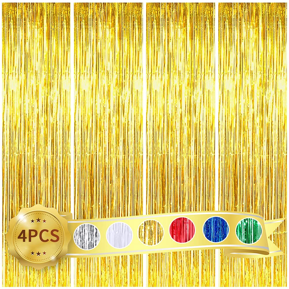 BEISHIDA 4 Pack Gold Metallic Tinsel Foil Fringe Curtains for Birthday Party Photo Backdrop Wedding Event Decor