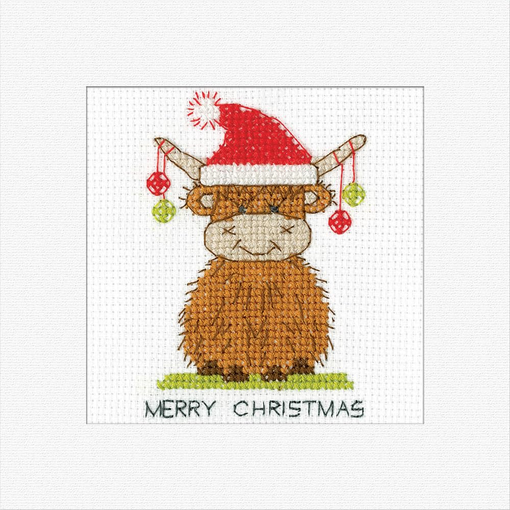 Heritage Crafts Christmas Card Cross Stitch Kit - Highland Cow Santa