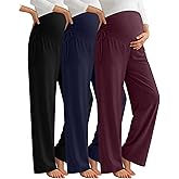 Neer 3 Pack Women's Maternity Pants Over The Belly Loose Pregnancy Pants Stretchy Lounge Wide Leg Trousers with Pockets
