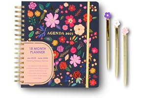 Votum 18-Month Day Large Planner, 2025-2026, Daily, Weekly & Monthly, January 2025 - June 2026, Blue Flowers - Appointment Book with 3 Sticker Sheets, Twin-Ring Binding, Notes Pages - School & Work
