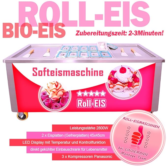 Professionelle Softeismaschine Gebratenes Eis/ Roll Eis mit 3 Kompressoren und 2 Gefrierplatten 45x45cm