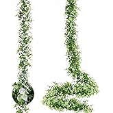 RECUTMS Faux Eucalyptus Garland Fake Hanging Eucalyptus Leaves 2Pcs Artificial Greenery Garland Hanging Vines for Spring Indoor Outdoor Wall Patio Home Party Wedding Arch Table Decor(Green White)