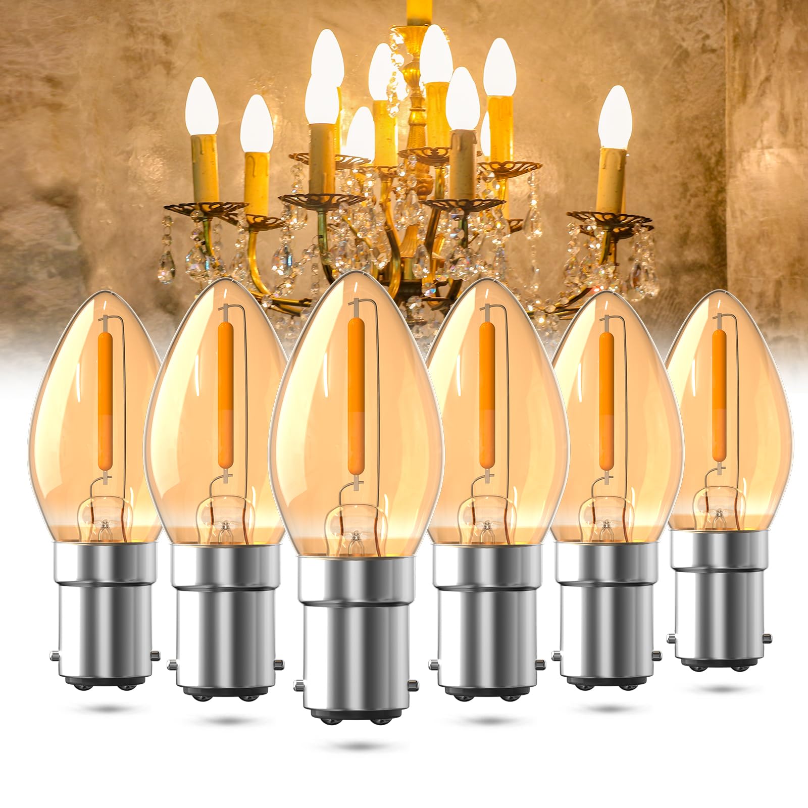 Luxvista 0.5W B15 Small Bayonet Candle Bulbs,C7 B15 LED Candle Bulb,2200K Amber Warm White Night Light Bulb,SBC Small Bayonet Cap Vintage LED Bulb for Ceiling Lights, Chandelier-6Pack