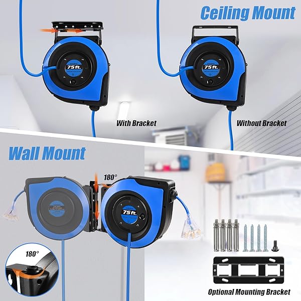 SURAIELEC RETRACTABLE EXTENSION CORD REEL, 75 FT 14 AWG/3C SJTOW POWER CORD, 3 OUTLETS TRIPLE TAP, 10 AMP CIRCUIT BREAKER, CEILING/WALL MOUNT, UL LISTED