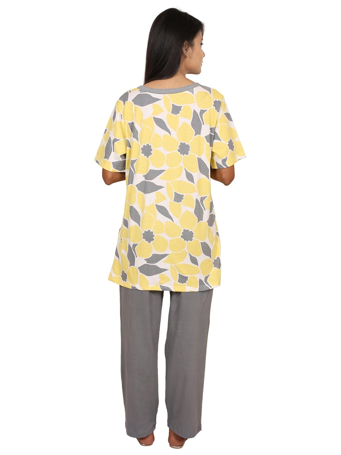 9teenagain women's floral print hosiery nightsuit(yellow & grey)