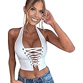 Women's Sexy PU Leather Halter Crop Tank Tops Lace Up Camisole Vest Bra for Club Party Festival Raves