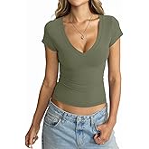 EasyGala Womens Deep V Neck Short Sleeve Shirts Sexy Slim Fit Crop Tops Basic Tees Going Out Summer Outfits